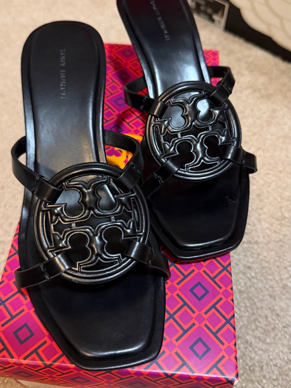 Tory Burch Black Leather Miller Logo Kitten Heel Slide Sandals